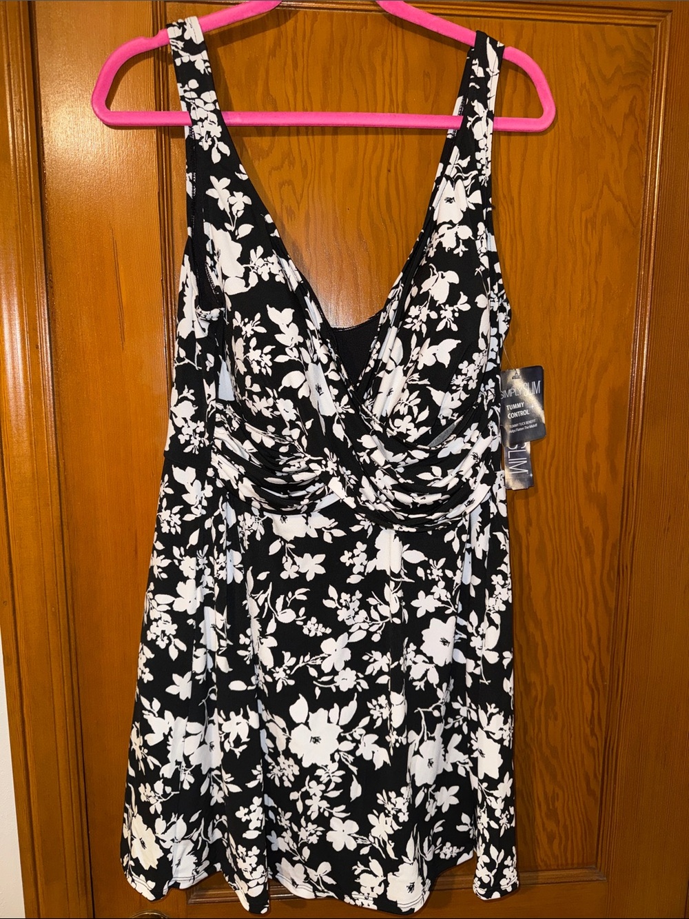 Women's Black & White Floral V-Neck Swim Suit Dress with Tummy Control
